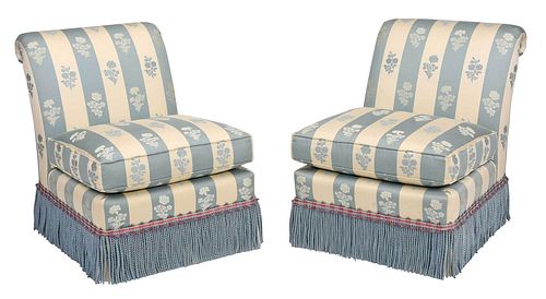 Pair Pale Blue and White Damask Upholstered Club Chairs