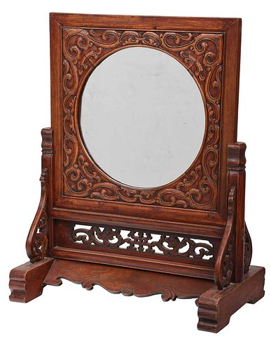 Chinese Carved Wood Tabletop Mirror and Stand