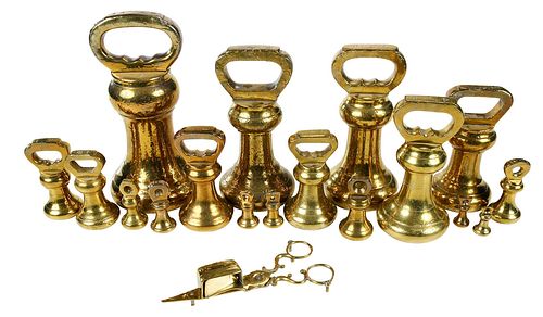 18 English Brass Weights and Scissor Snuffer