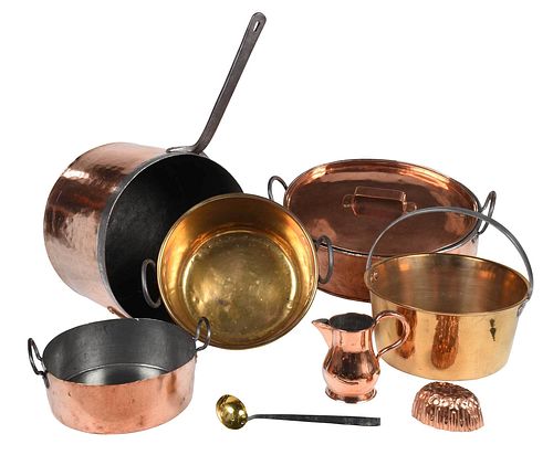 Eight Pieces of Copper and Brass Cookware