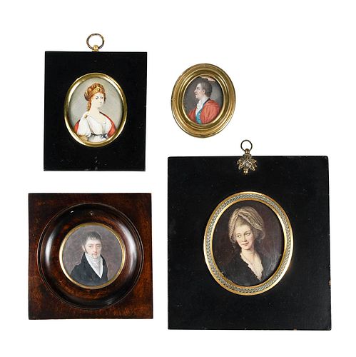 Three Framed Miniature Portraits, with Print