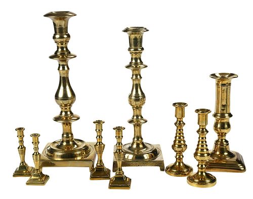Three Pairs of Brass Taper Candlesticks and Others