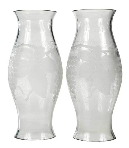 Pair of Blown and Engraved Glass Hurricane Shades