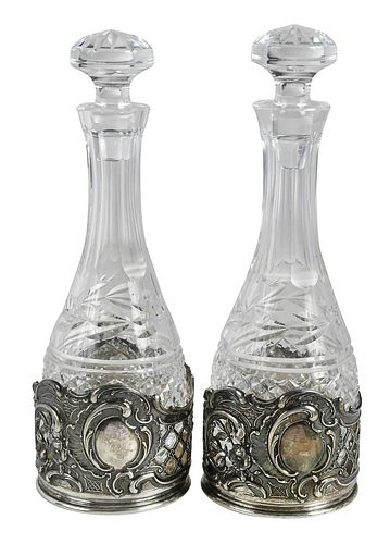 Pair German Silver Coaster with Glass Decanters