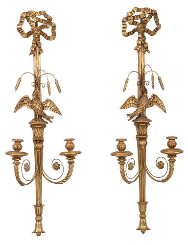 Pair of Giltwood Eagle Carved Two Light Sconces