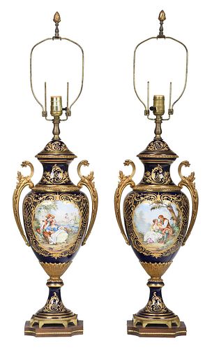 Pair of Porcelain Sevres Style Urns Mounted as Lamps