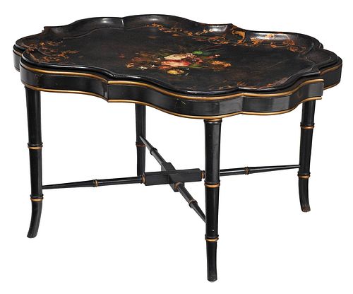 Victorian Painted and Gilt Papier Mache Tray on Stand