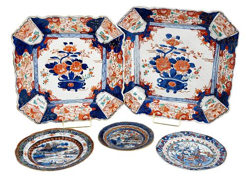 Five Japanese Imari and Clobbered Porcelain Plates