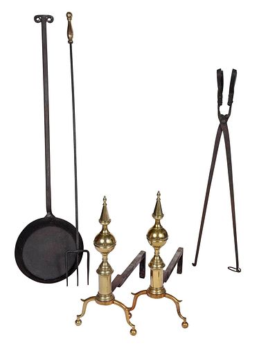 Pair of Federal Brass Andirons with Three Fire Tools