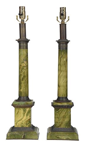 Pair Neoclassical Style Faux Painted Marble Tole Lamps