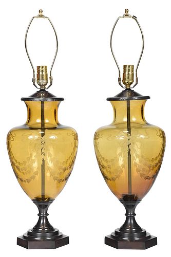 Pair Lucy Cope Bronzed Metal and Amber Glass Lamps
