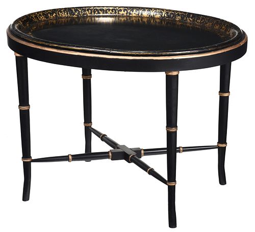 Ebonized and Gold Painted Papier Mache Tray on Stand