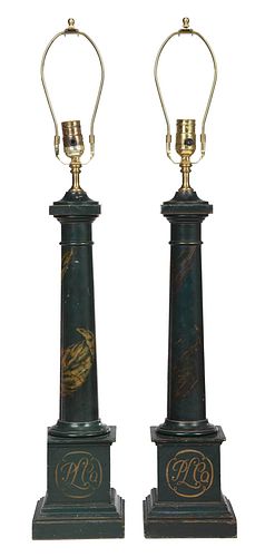 Pair Neoclassical Style Green Painted Decorative Lamps