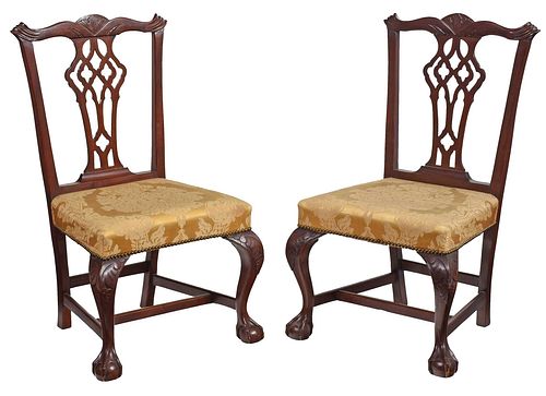 Pair Boston Chippendale Style Carved Mahogany Chairs