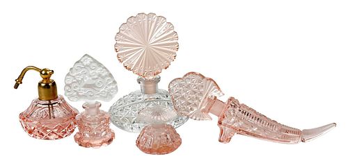 Five Czech Pink and White Cut Glass Perfumes