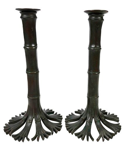 Pair of Tiffany or Tiffany Style Bronze Candlesticks