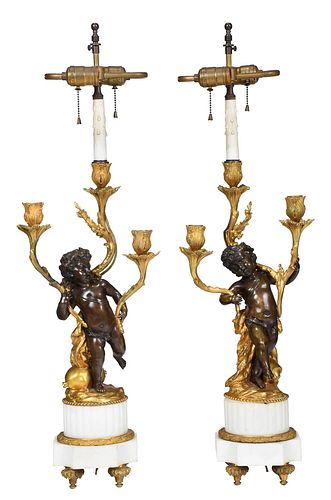 Pair of Marble and Bronze Three Light Candelabra
