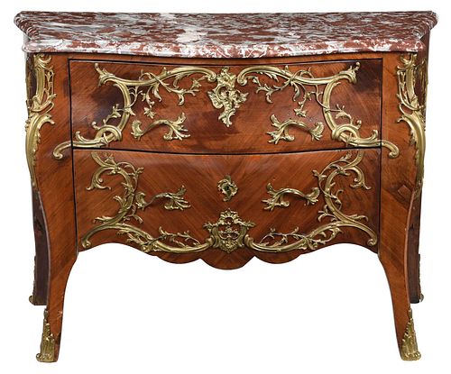 Louis XV Style Bronze Mounted Marble Top Bombe Commode