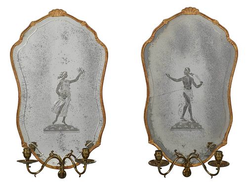 Pair of Venetian Baroque Style Mirrored Brass Sconces