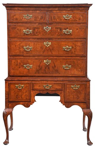 Queen Anne Figured Walnut Shell Carved High Chest