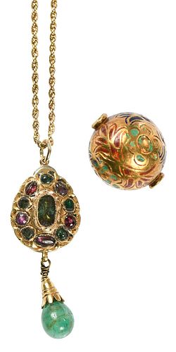 Two Pieces Gold, Gemstone and Enamel Jewelry 