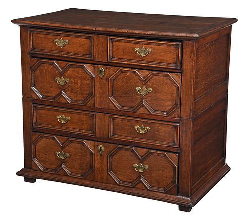 Charles II Paneled Oak Four Drawer Double Chest