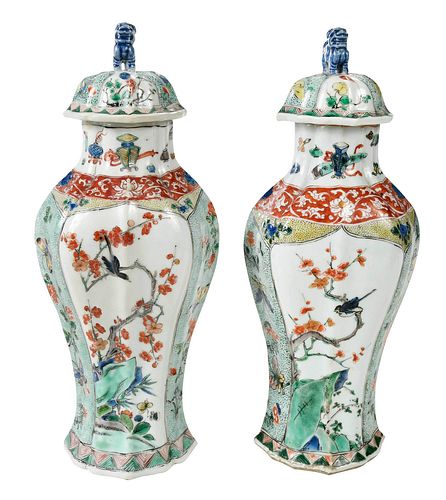 Pair of Chinese Famille Verte Porcelain Covered Vases