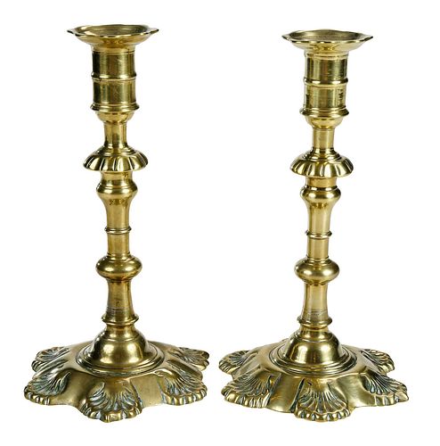 Fine Pair George III Six Shell Brass Candlesticks 