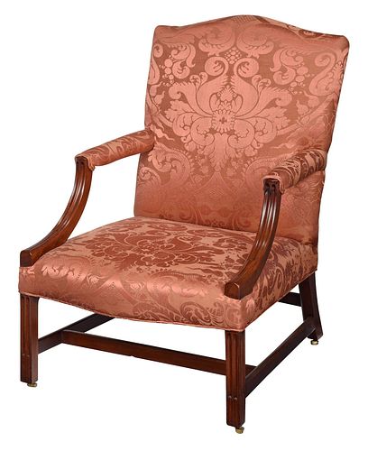 George III Mahogany Damask Upholstered Library Chair