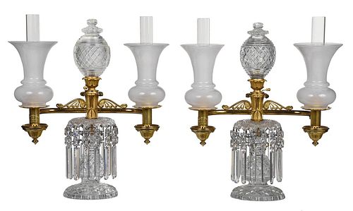 Pair of British Bronze and Crystal Argand Lamps