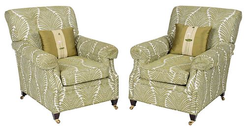 Pair Modern Palmette Upholstered Club Chairs