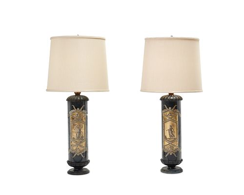 A pair of Fornasetti verre eglomise table lamps