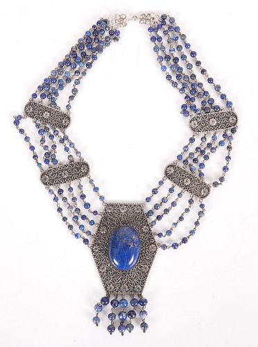 An Egyptian Silver and Lapis Lazuli Necklace