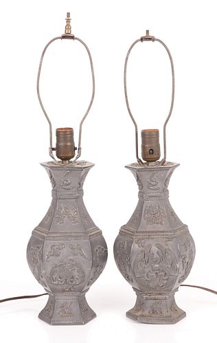 A Pair Of Chinese Pewter Lamps