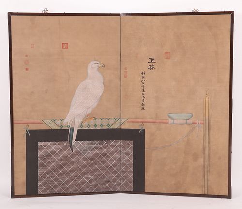 A Large Showa Period Painted Two-Part Screen