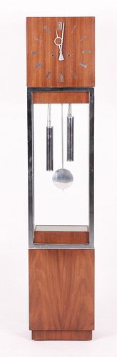 A Walnut and Chrome Mid Century Tall Case Clock
