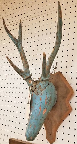 FOLK ART WOODEN DEER HEAD. MOUNTED WITH REAL ANTLERS. 21" H X 10 1/2" W