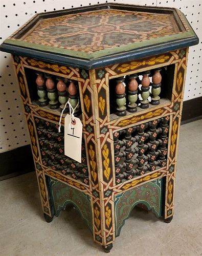 HEXAGONAL PAINTED TAMBOR TABLE WITH SPINDLES.