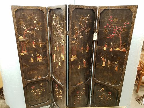 CHINESE 4 FOLD LACQUER SCREENW/ CARVED HARDSTONE INLAID FIGURES. 71 1/2"H X 18"W (EACH SECTION)