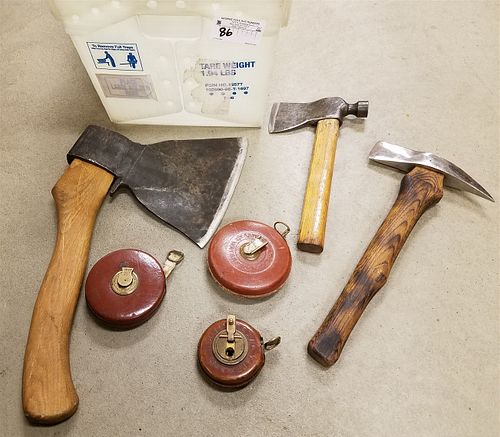TUB W/ AXE AND HATCHETS + 3 TAPE MEASURES
