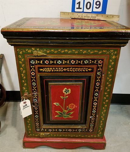 INDO PAINTED 1 DOOR END STAND. 26"H X 18 1/2"W X 13 1/2"D
