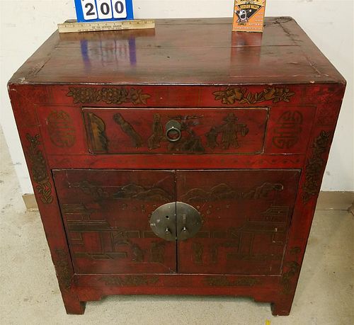 CHINESE RED LACQUERED 1 DRAWER OVER 2 DOOR CABINET 35"H X31"W X23"D