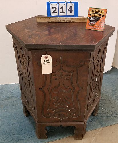 ARTS AND CRAFTS HEXAGONAL 2 DOOR TAMBOR TABLE W/LAZY SUSAN INTERIOR FOR DECANTERS AND GLASSES 24"H X 23"DIA