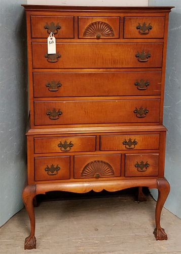 W.HATHAWAY CO TIGER MAPLE CHIPPENDALE STYLE HIGHBOY 58-1/2"H X 34"W X 19"D