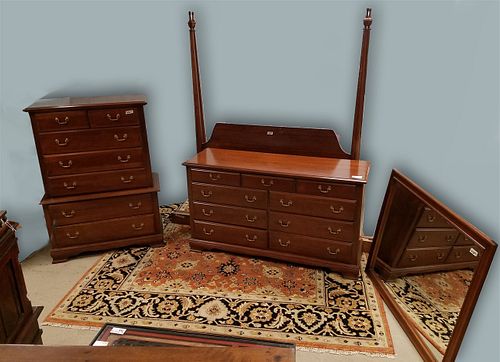 CHERRY 6 PC BED SET 9 DRAWER CHEST, MIRROR, 7 DRAWER TALL CHEST,QUEEN POSTER BED& PR. 4 DRAWER END STANDS