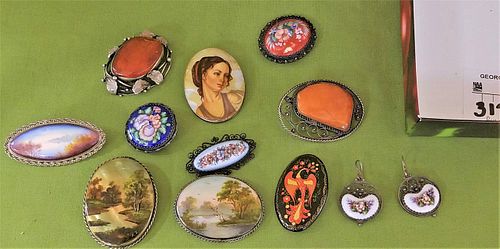 LOT 10 RUSSIAN ENAMEL, AMBER + PAINTING ON MOP PINS