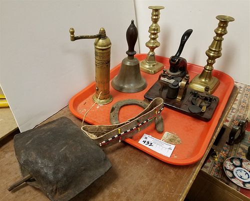 TRAY 18TH C CANDLESTICKS, METAL BELL W/ BEADED LEATHER STRAP, OLD SCHOOL BELL, TELEGRAPH SOUNDER ETC.