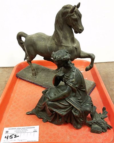 TRAY 2 VICT. WHITE METAL FIGURAL MANTEL CLOCK TOPPERS- HORSE 8 1/2"H X 9 1/2"L & SEATED WOMAN 6 1/2" X 7"