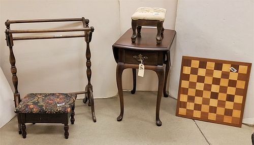 QA STYLE CHERRY DEOP LEAF 1 DRAWER STAND 25-1/2"H X 17"W X 26"d + TRAVEL RACK, 2 FOOT STOOLS + CHESS BOARD