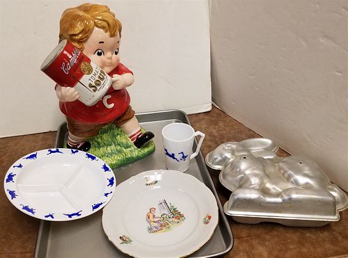 TRAY CAMPBELLS SOUP COOKIE JAR CHILDS PLATE & CUP, RABBIT MOLD ETC.